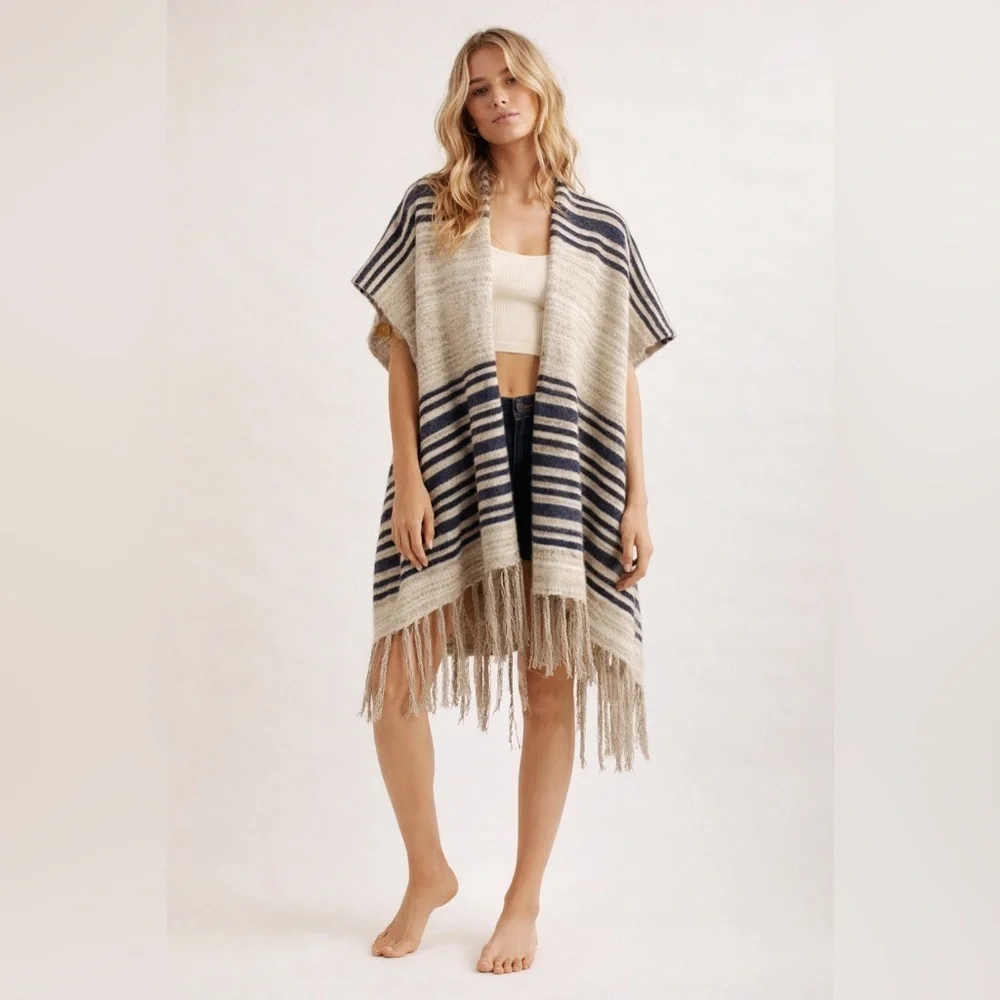 Minkas Striped Knit Poncho Cardigan Fringe Open Front Boho Shawl Wrap Sweater - Picture 2 of 9